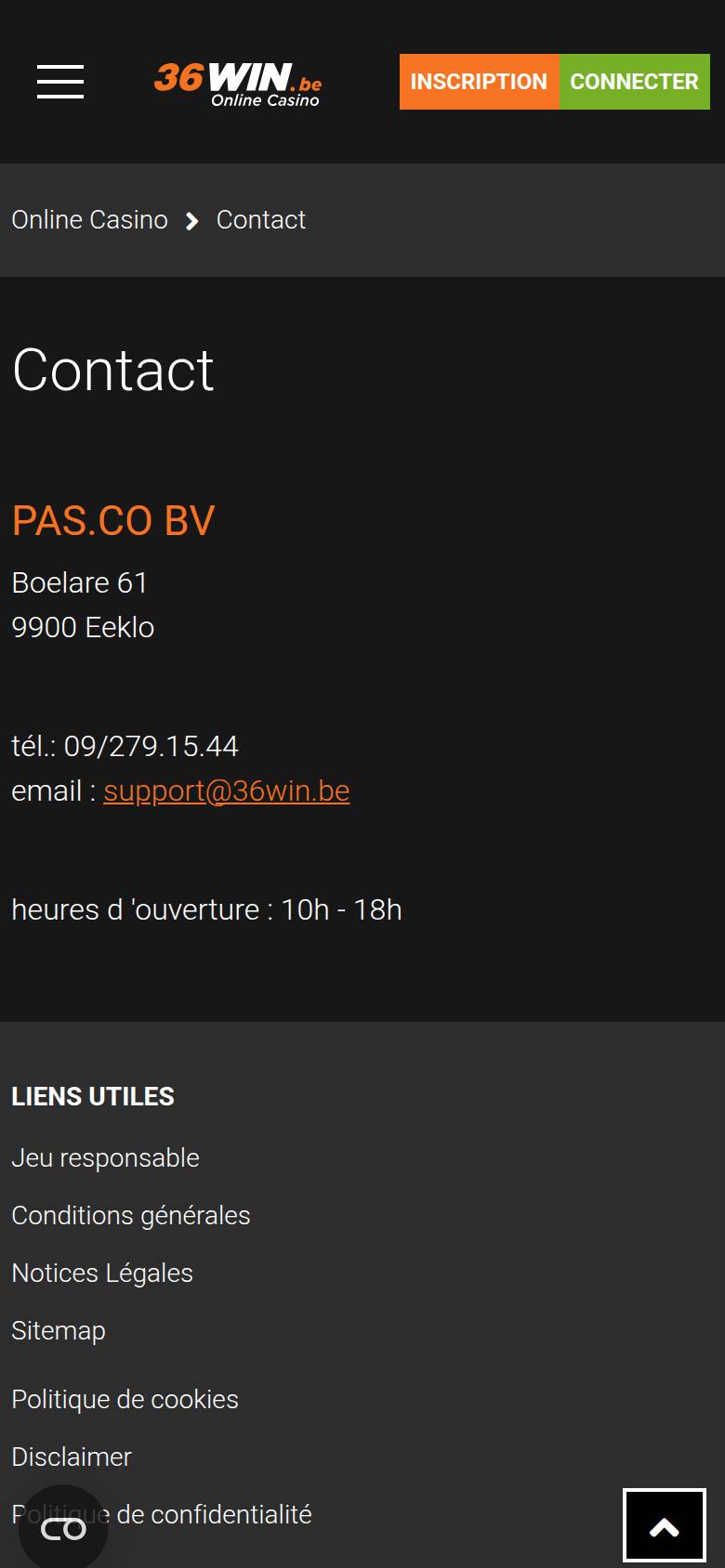 Contactpagina van 36WIN op een smartphone: adres van PAS.CO in Eeklo, telefoon, e-mail en openingsuren