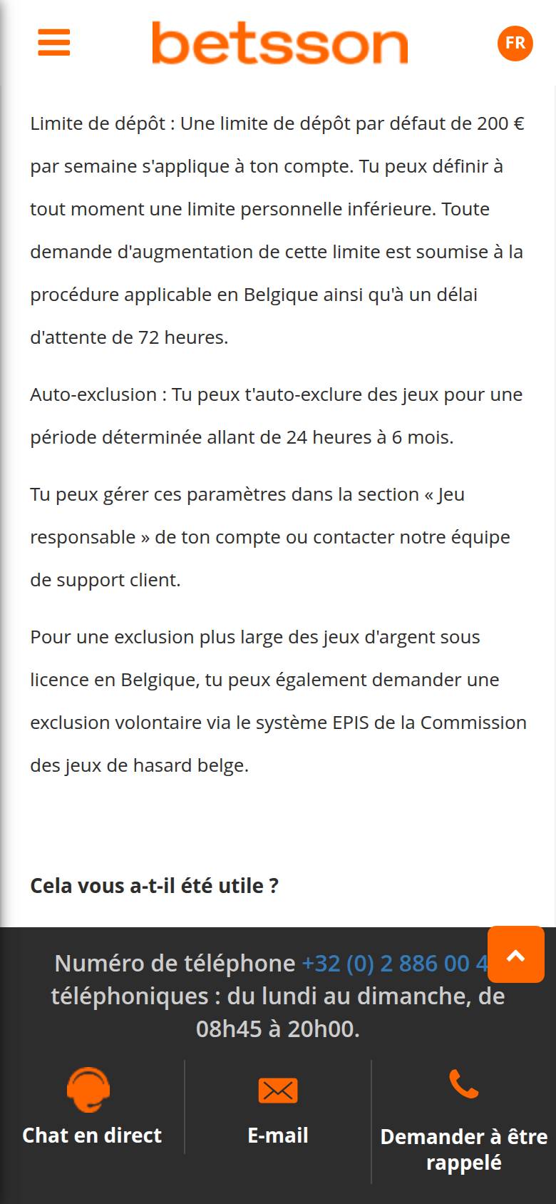 Helpcentrum van Betsson op een smartphone: stortingslimiet van 200 euro per week, zelfuitsluiting van 24 uur tot 6 maanden en verwijzing naar EPIS