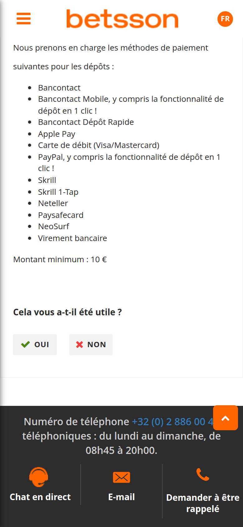 Helpcentrum van Betsson op een smartphone: lijst van stortingsmethoden, van Bancontact tot bankoverschrijving, en minimum van 10 euro