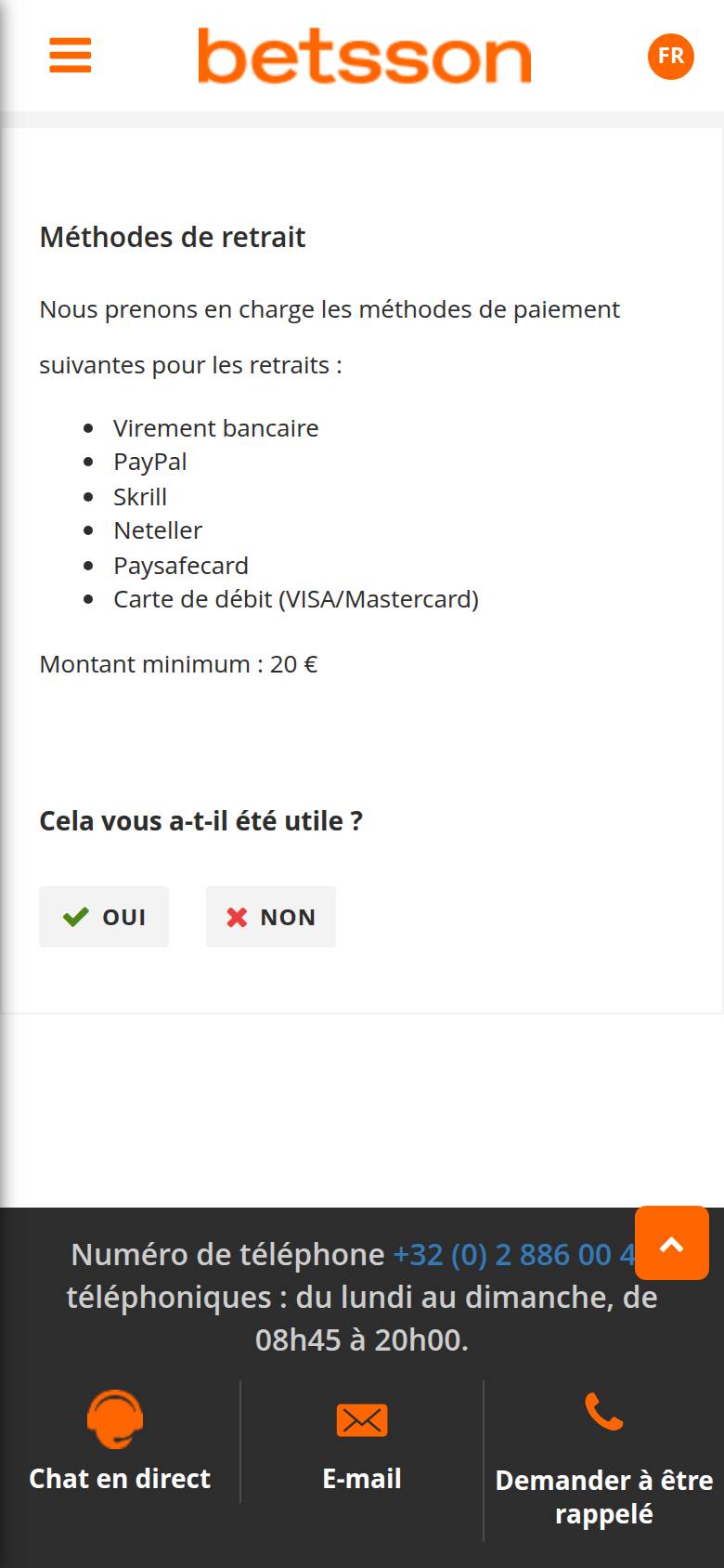 Helpcentrum van Betsson op een smartphone: uitbetalingsmethoden, van bankoverschrijving tot debetkaart, en minimum van 20 euro