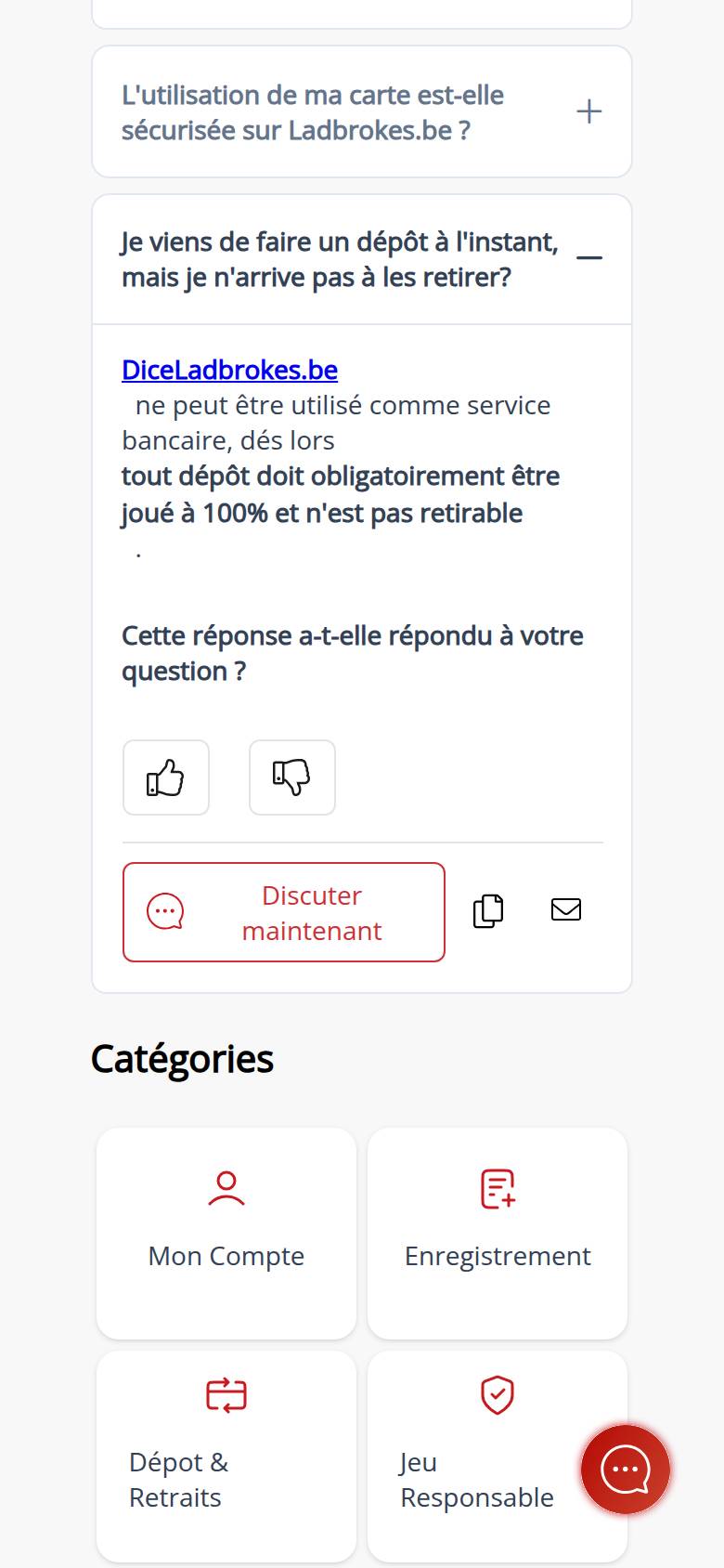 Helpcentrum van Ladbrokes Dice op een smartphone: antwoord dat elke storting verplicht voor 100 procent moet worden gespeeld en niet opneembaar is