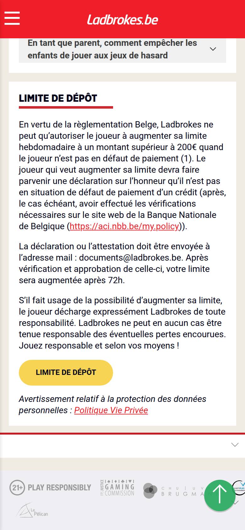 Pagina verantwoord spelen van Ladbrokes Dice op een smartphone: sectie Limite de dépôt over het verhogen boven 200 euro per week en de termijn van 72 uur
