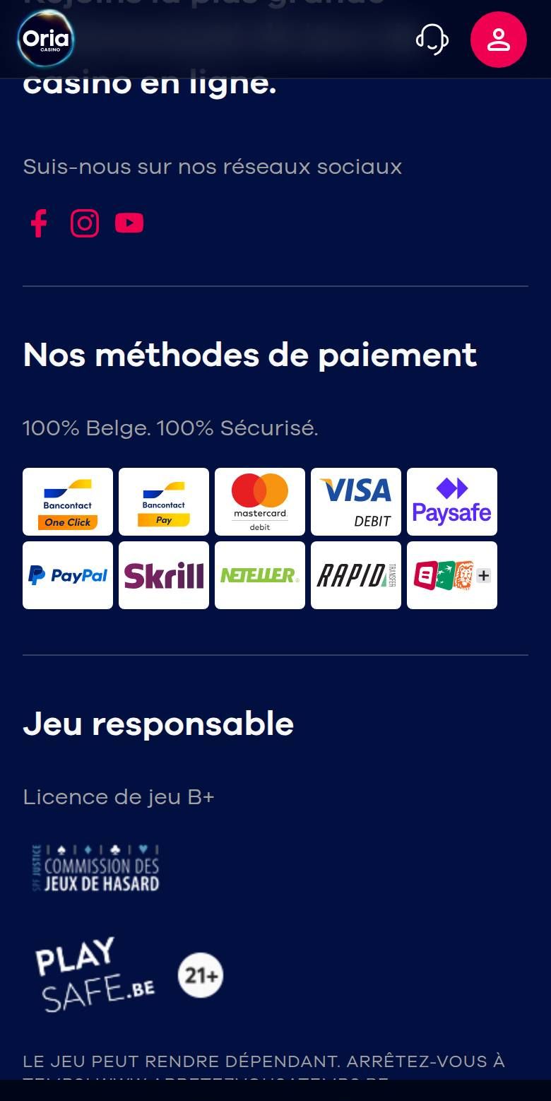Footer van Oria op een smartphone: betaallogo's Bancontact, Mastercard, Visa, Paysafe, PayPal, Skrill, Neteller en Rapid Transfer, gevolgd door de vermelding Licence de jeu B+