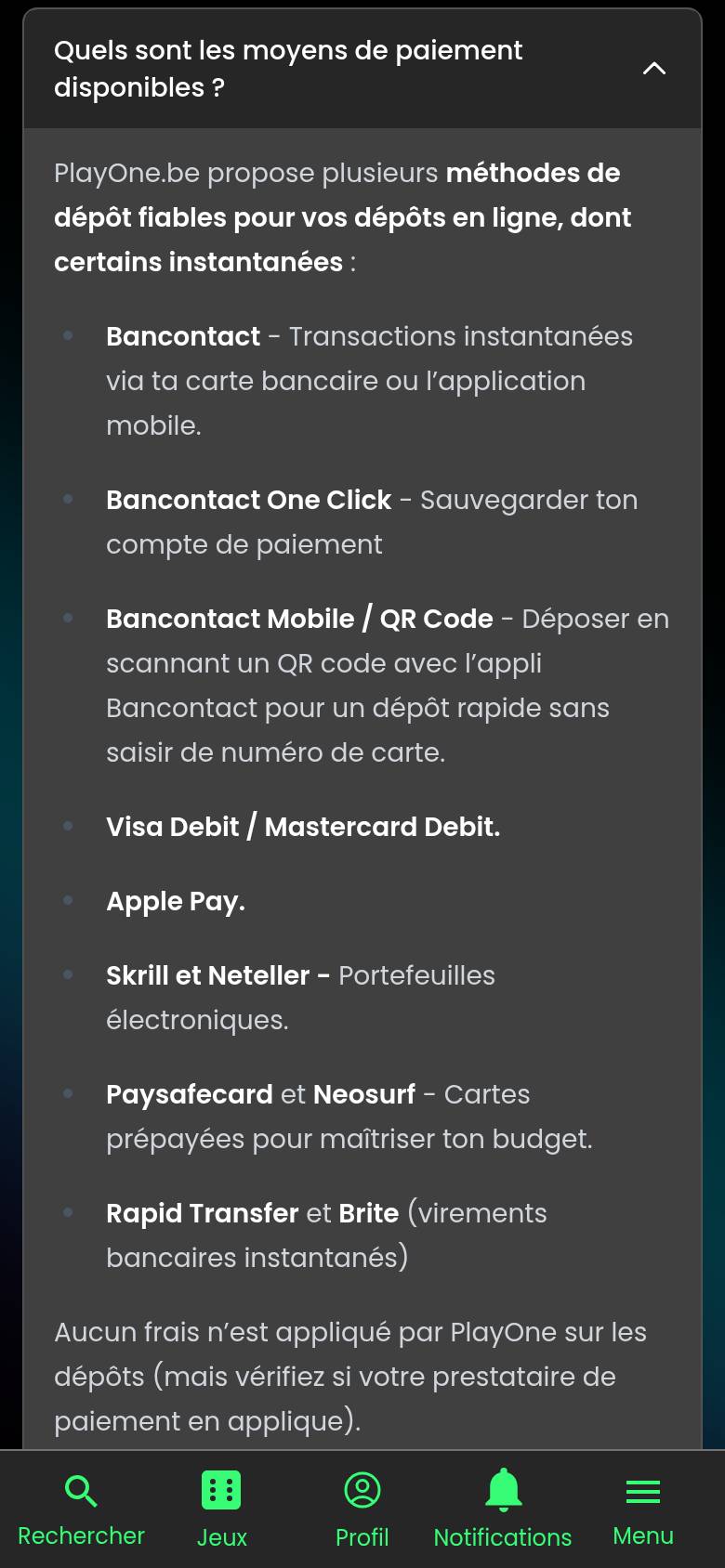 FAQ van PlayOne op een smartphone: lijst met stortingsmethoden, van Bancontact tot Rapid Transfer en Brite