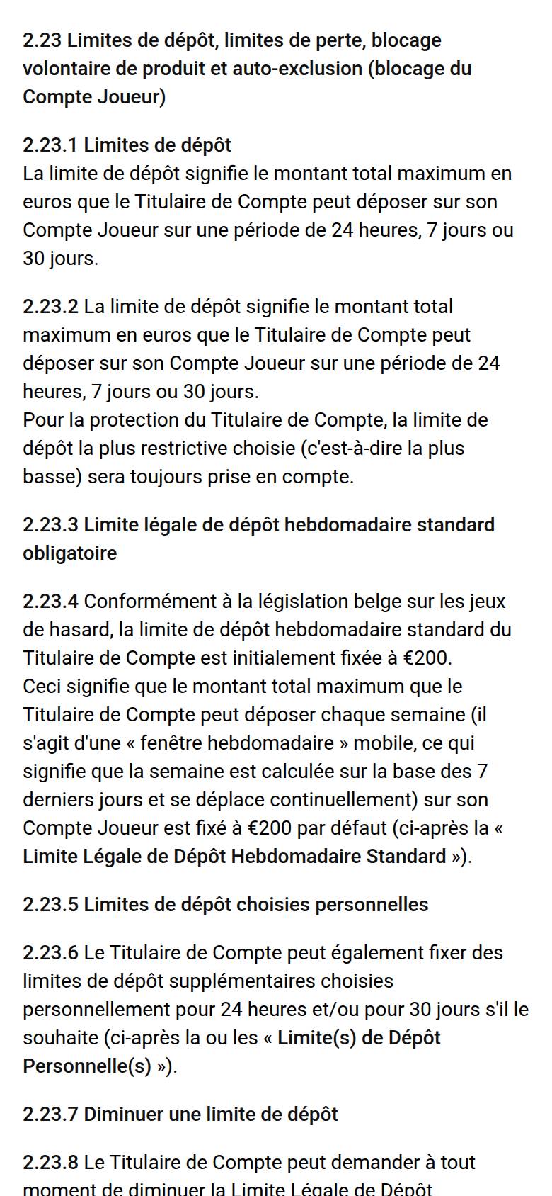 Artikel 2.23 van de algemene voorwaarden van Unibet Casino op een smartphone: stortingslimieten per 24 uur, 7 of 30 dagen en de wettelijke weeklimiet van 200 euro