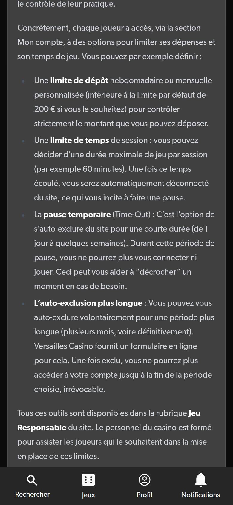 FAQ van Versailles Casino op een smartphone: stortingslimiet, sessieduur, pauze en zelfuitsluiting