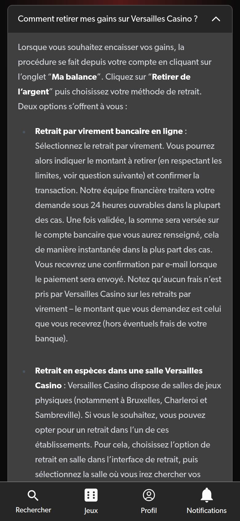 FAQ van Versailles Casino op een smartphone: uitbetaling per overschrijving en contante afhaling in een speelzaal