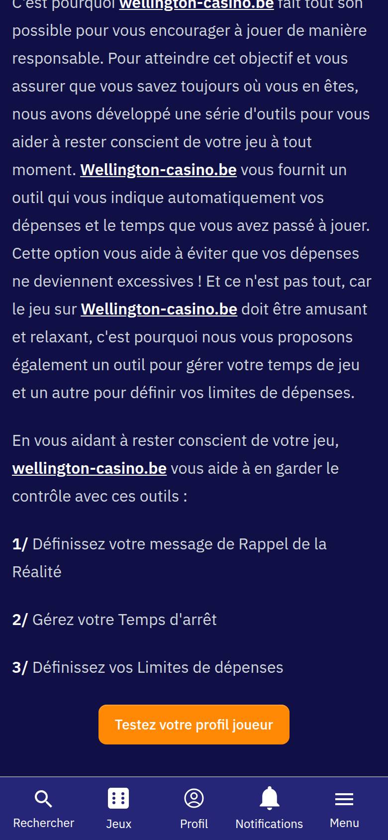 Pagina verantwoord spelen van Wellington Casino op een smartphone: realiteitscheck, stoptijd en uitgavenlimieten